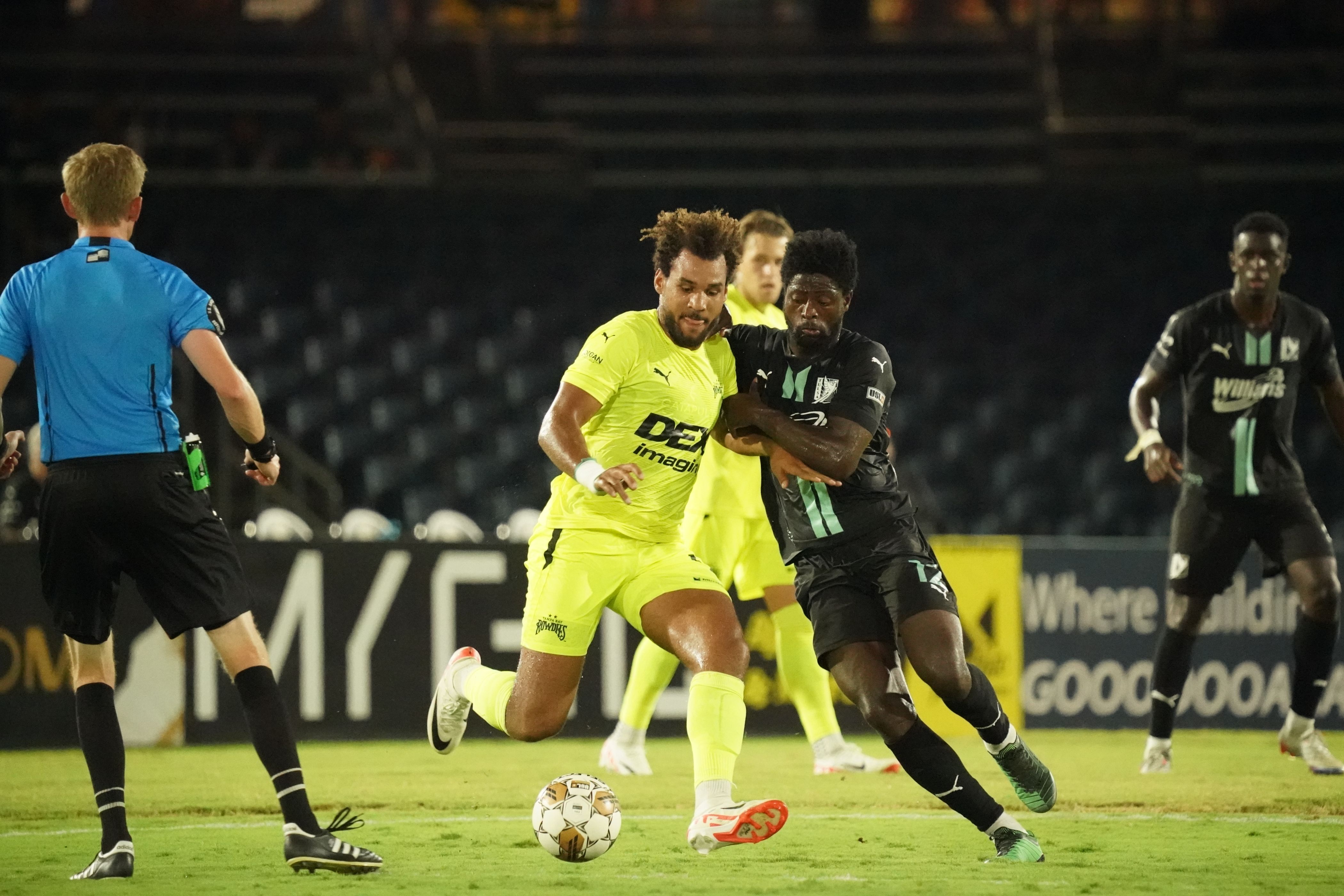 St. Petersburg, United States. 12th Aug, 2022. St. Petersburg, FL: Tampa  Bay Rowdies defender J.J. Williams (9) shoots the ball on goal during a USL  soccer game against Monterey Bay FC, Saturday